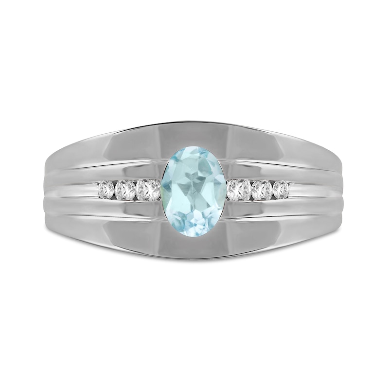 Men's Oval Aquamarine and 1/6 CT. T.W. Diamond Tri-Sides Grooved Band in 10K White Gold