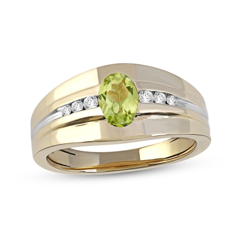 Main Image 1 of Oval Peridot and 1/6 CT. T.W. Diamond Tri-Sides Grooved Band in 10K Two-Tone Gold