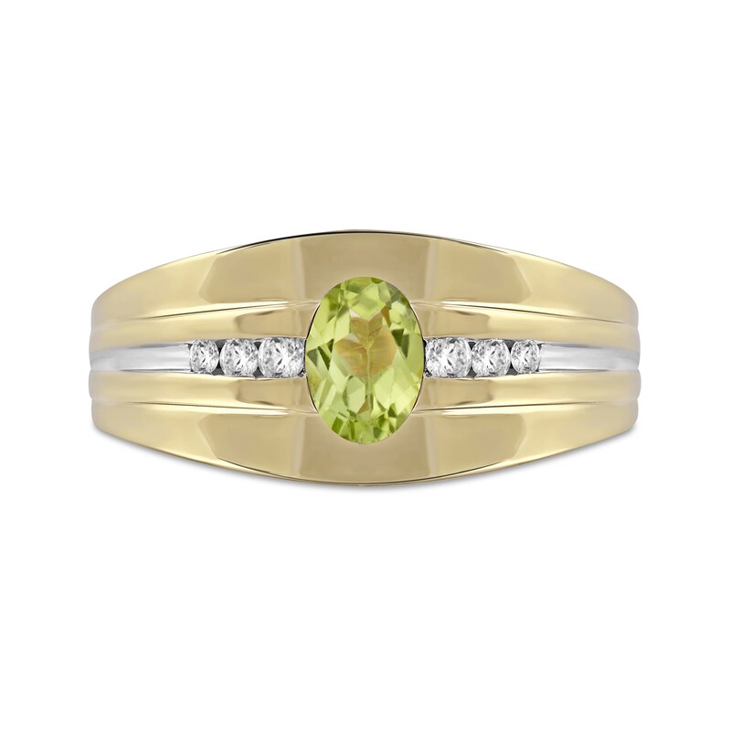 Main Image 3 of Oval Peridot and 1/6 CT. T.W. Diamond Tri-Sides Grooved Band in 10K Two-Tone Gold