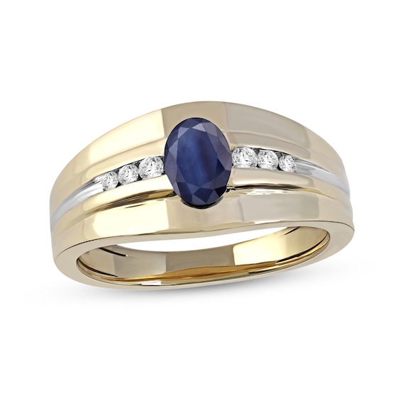Oval Blue Sapphire and 1/6 CT. T.w. Diamond Tri-Sides Grooved Band in 10K Two-Tone Gold