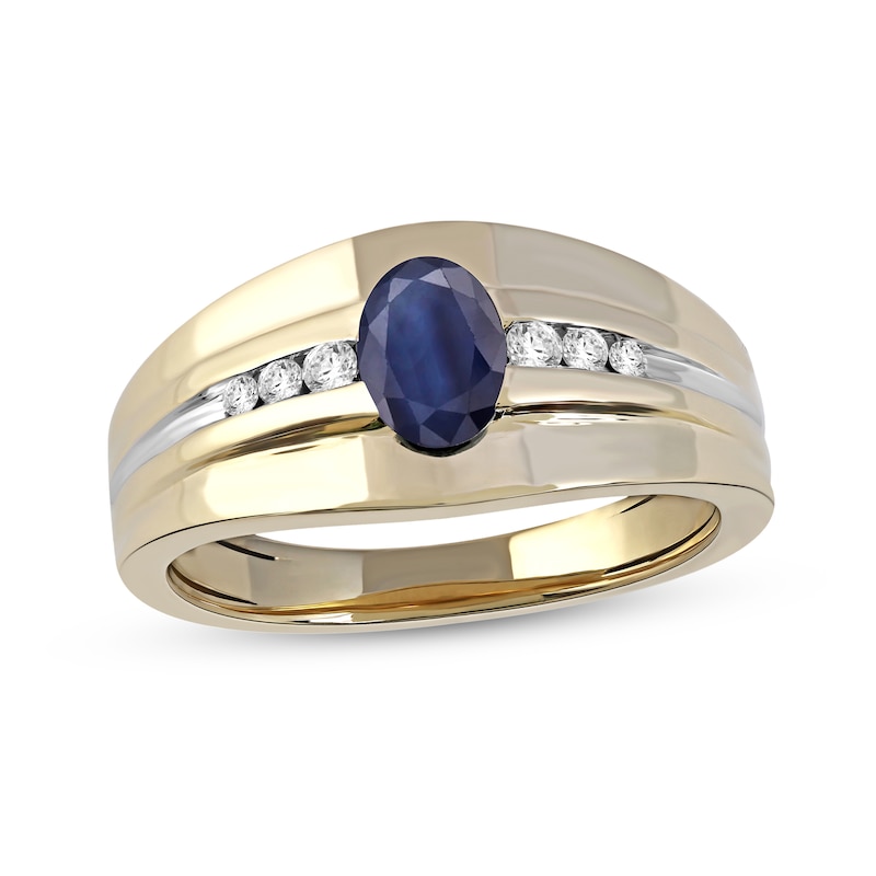 Main Image 1 of Oval Blue Sapphire and 1/6 CT. T.W. Diamond Tri-Sides Grooved Band in 10K Two-Tone Gold