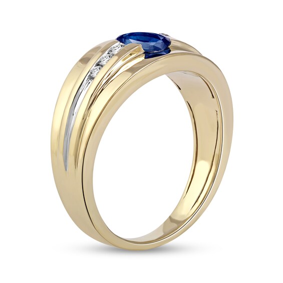 Oval Blue Sapphire and 1/6 CT. T.w. Diamond Tri-Sides Grooved Band in 10K Two-Tone Gold