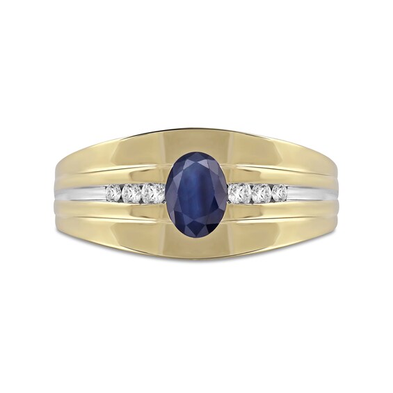 Oval Blue Sapphire and 1/6 CT. T.w. Diamond Tri-Sides Grooved Band in 10K Two-Tone Gold