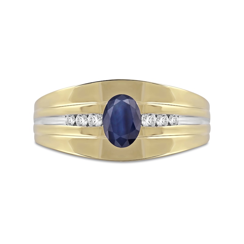 Main Image 3 of Oval Blue Sapphire and 1/6 CT. T.W. Diamond Tri-Sides Grooved Band in 10K Two-Tone Gold