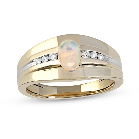 Oval Opal and 1/6 CT. T.w. Diamond Tri-Sides Grooved Band in 10K Two-Tone Gold