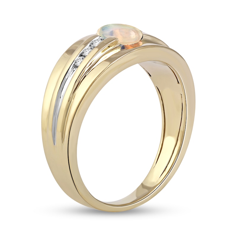 Main Image 2 of Oval Opal and 1/6 CT. T.W. Diamond Tri-Sides Grooved Band in 10K Two-Tone Gold