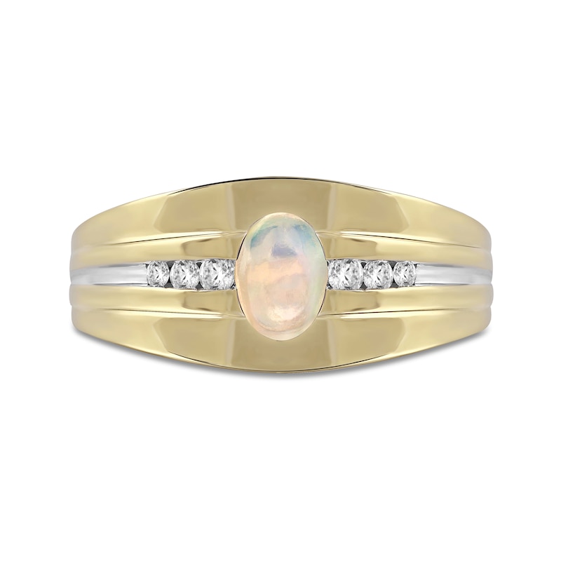 Main Image 3 of Oval Opal and 1/6 CT. T.W. Diamond Tri-Sides Grooved Band in 10K Two-Tone Gold