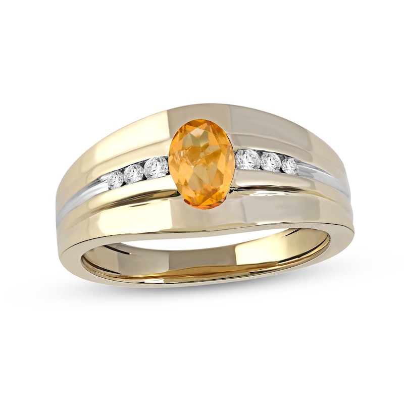 Main Image 1 of Men's Oval Madeira Citrine and 1/6 CT. T.W. Diamond Tri-Sides Grooved Band in 10K Two-Tone Gold