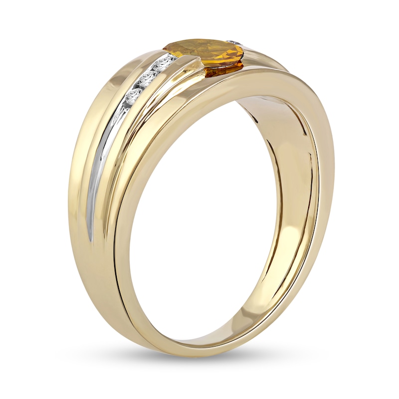 Main Image 2 of Men's Oval Madeira Citrine and 1/6 CT. T.W. Diamond Tri-Sides Grooved Band in 10K Two-Tone Gold