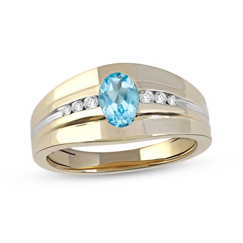 Main Image 1 of Oval Swiss Blue Topaz and 1/6 CT. T.W. Diamond Tri-Sides Grooved Band in 10K Two-Tone Gold
