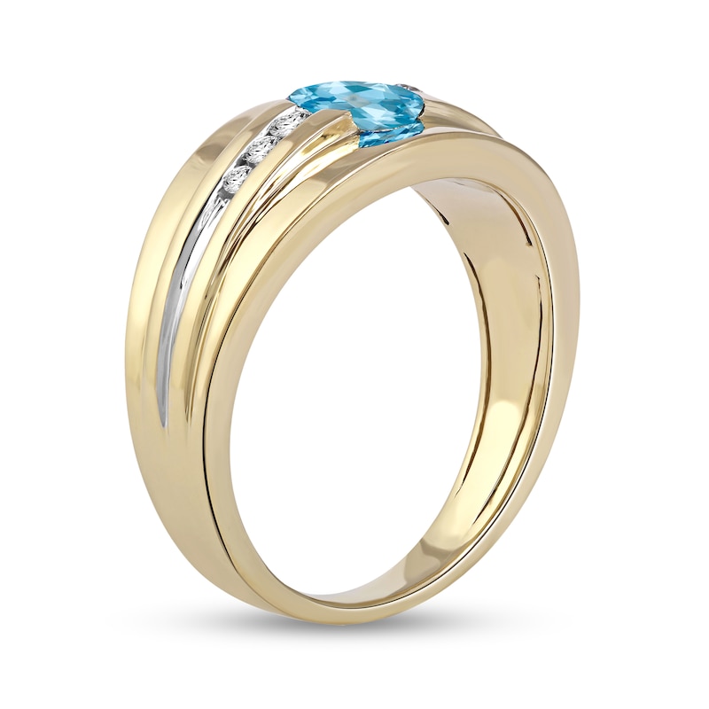 Main Image 2 of Oval Swiss Blue Topaz and 1/6 CT. T.W. Diamond Tri-Sides Grooved Band in 10K Two-Tone Gold