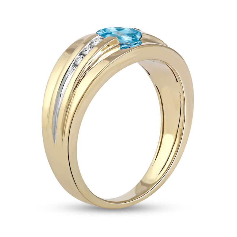 Men's Oval Swiss Blue Topaz and 1/6 CT. T.W. Diamond Tri-Sides Grooved Band in 10K Two-Tone Gold