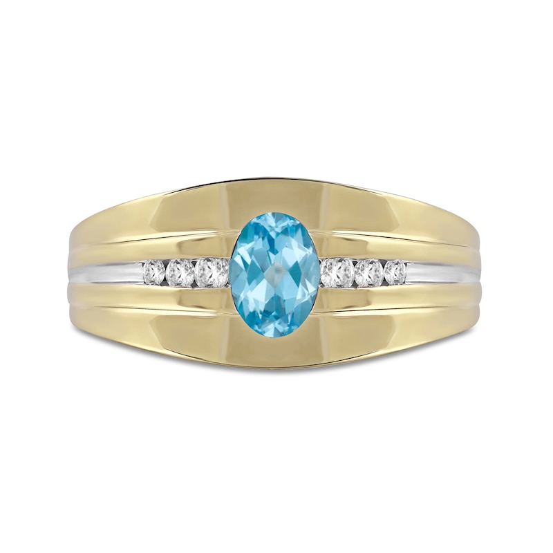 Main Image 3 of Oval Swiss Blue Topaz and 1/6 CT. T.W. Diamond Tri-Sides Grooved Band in 10K Two-Tone Gold
