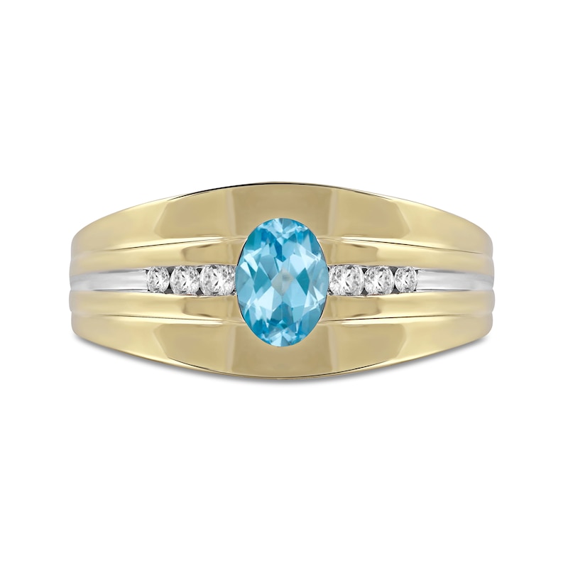 Men's Oval Swiss Blue Topaz and 1/6 CT. T.W. Diamond Tri-Sides Grooved Band in 10K Two-Tone Gold