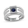 Thumbnail Image 1 of 5.0mm Blue Sapphire and 1/8 CT. T.W. Diamond Side Accent Flat-Top Grooved Band in 10K White Gold