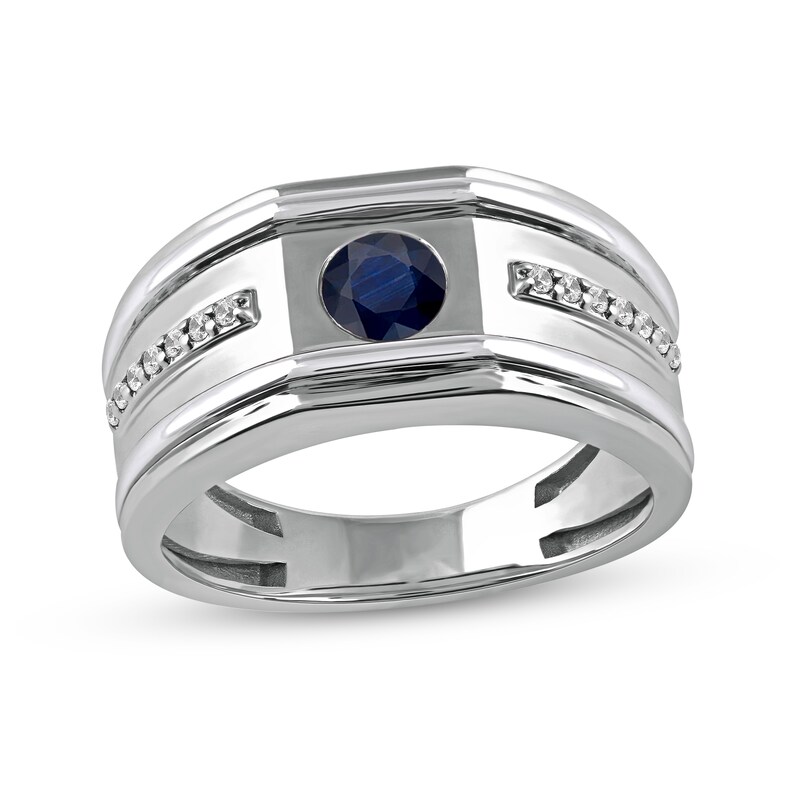 Main Image 1 of 5.0mm Blue Sapphire and 1/8 CT. T.W. Diamond Side Accent Flat-Top Grooved Band in 10K White Gold