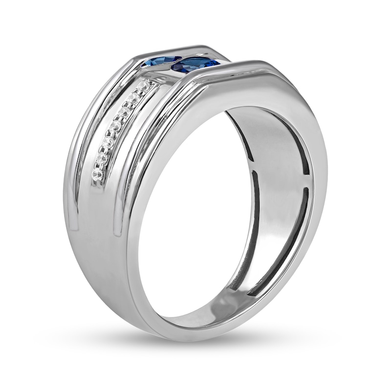 Main Image 2 of 5.0mm Blue Sapphire and 1/8 CT. T.W. Diamond Side Accent Flat-Top Grooved Band in 10K White Gold