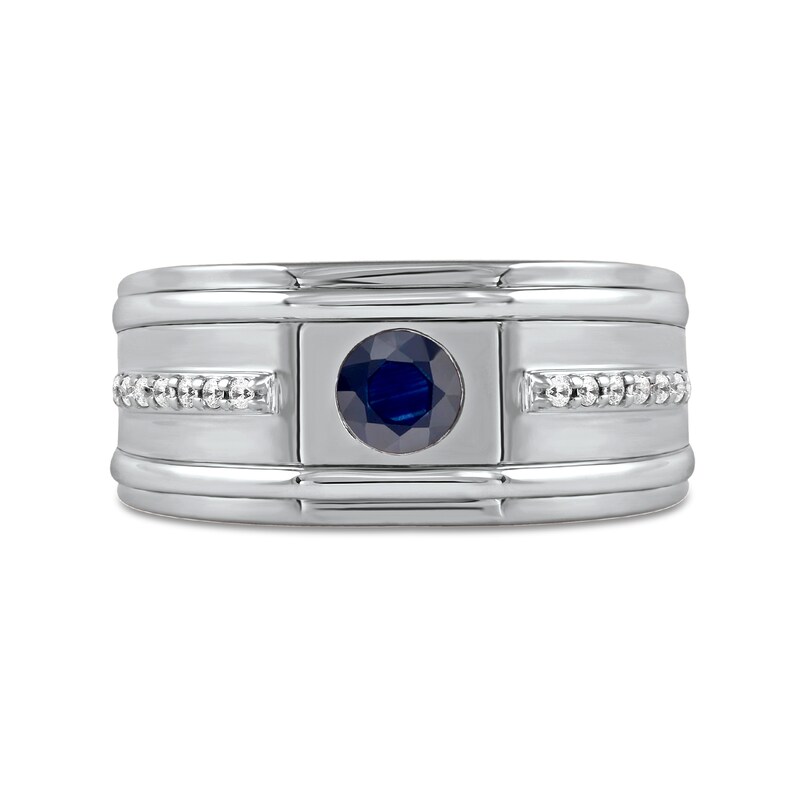 Main Image 3 of 5.0mm Blue Sapphire and 1/8 CT. T.W. Diamond Side Accent Flat-Top Grooved Band in 10K White Gold