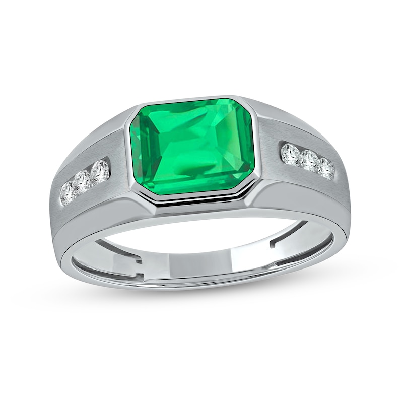 Main Image 1 of Sideways Octagonal Lab-Created Emerald and White Lab-Created Sapphire Tri-Sides Channel Band in Sterling Silver