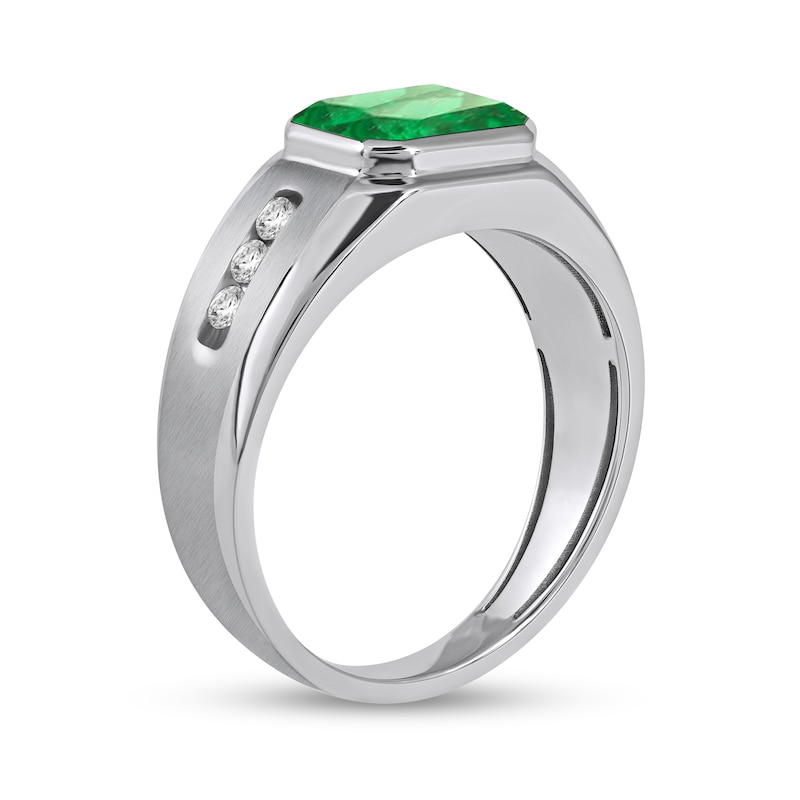 Men's Sideways Octagonal Lab-Created Emerald and White Lab-Created Sapphire Tri-Sides Channel Band in Sterling Silver