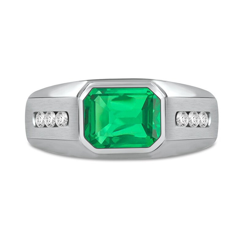 Men's Sideways Octagonal Lab-Created Emerald and White Lab-Created Sapphire Tri-Sides Channel Band in Sterling Silver