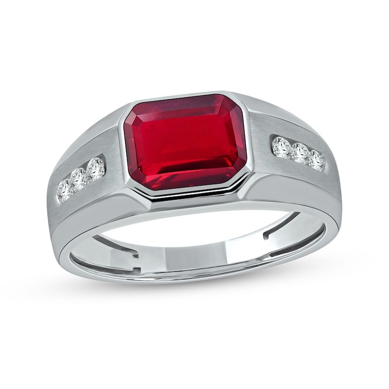 Main Image 1 of Men's Sideways Octagonal Lab-Created Garnet and White Lab-Created Sapphire Tri-Sides Channel Band in Sterling Silver