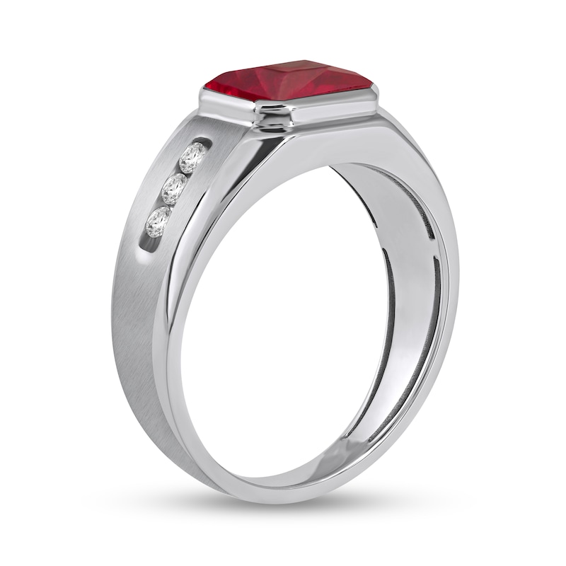 Men's Sideways Octagonal Lab-Created Garnet and White Lab-Created Sapphire Tri-Sides Channel Band in Sterling Silver