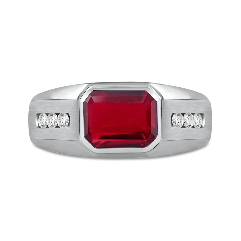 Men's Sideways Octagonal Lab-Created Garnet and White Lab-Created Sapphire Tri-Sides Channel Band in Sterling Silver