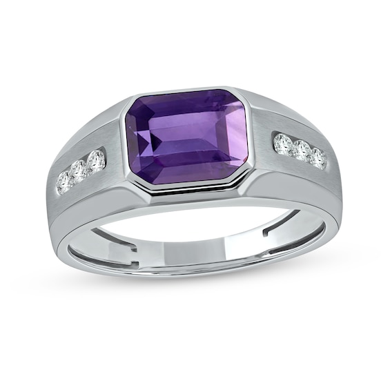 Sideways Octagonal Amethyst and White Lab-Created Sapphire Tri-Sides Channel Band in Sterling Silver