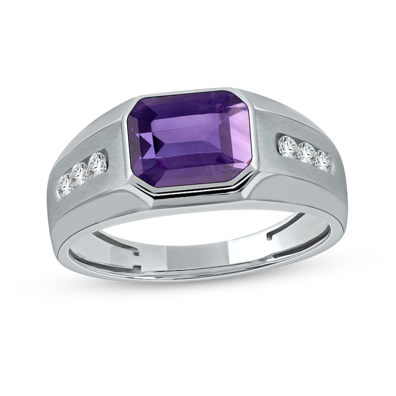 Main Image 1 of Sideways Octagonal Amethyst and White Lab-Created Sapphire Tri-Sides Channel Band in Sterling Silver
