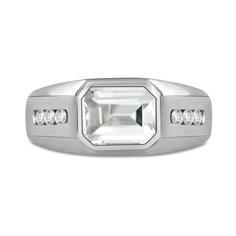 Main Image 3 of Sideways Octagonal White Topaz and White Lab-Created Sapphire Tri-Sides Channel Band in Sterling Silver
