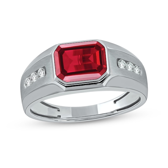 Sideways Octagonal Lab-Created Ruby and White Lab-Created Sapphire Tri-Sides Channel Band in Sterling Silver