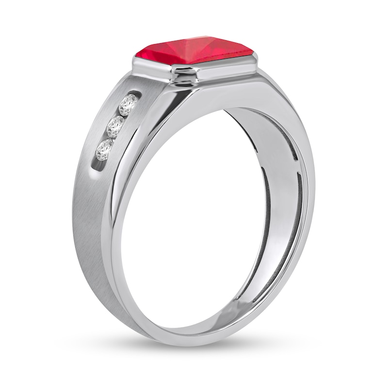 Men's Sideways Octagonal Lab-Created Ruby and White Lab-Created Sapphire Tri-Sides Channel Band in Sterling Silver