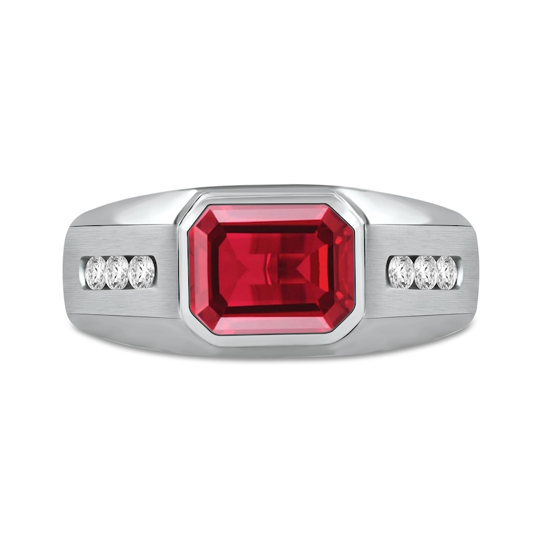 Men's Sideways Octagonal Lab-Created Ruby and White Lab-Created Sapphire Tri-Sides Channel Band in Sterling Silver