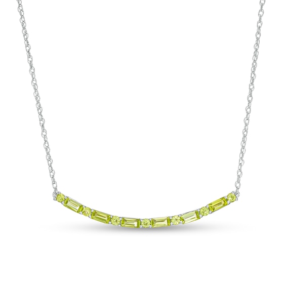 Alternating Baguette and Round Peridot Curved Bar Necklace in Sterling Silver