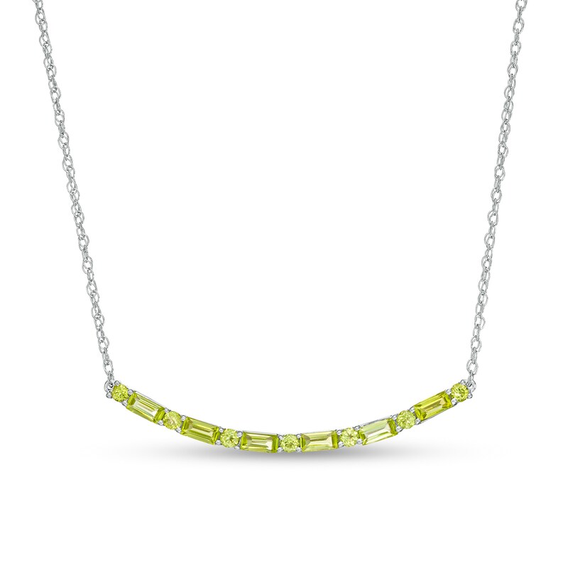 Main Image 1 of Alternating Baguette and Round Peridot Curved Bar Necklace in Sterling Silver