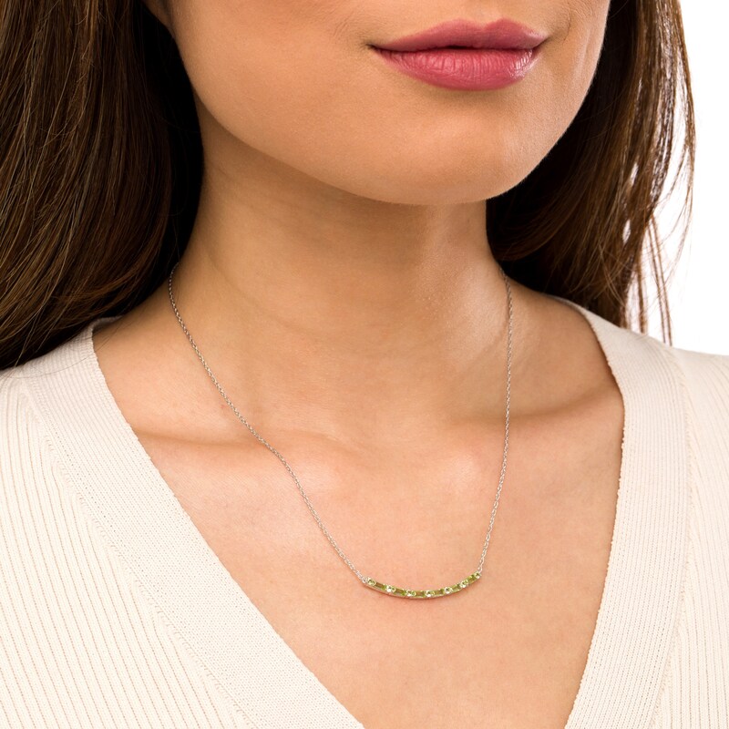 Main Image 2 of Alternating Baguette and Round Peridot Curved Bar Necklace in Sterling Silver