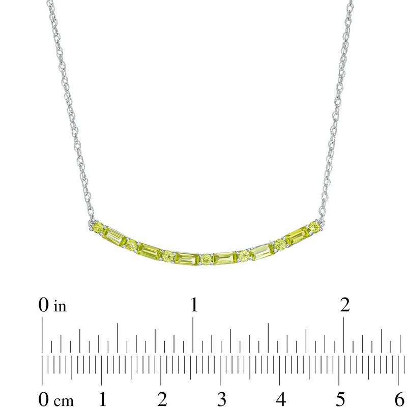 Main Image 3 of Alternating Baguette and Round Peridot Curved Bar Necklace in Sterling Silver