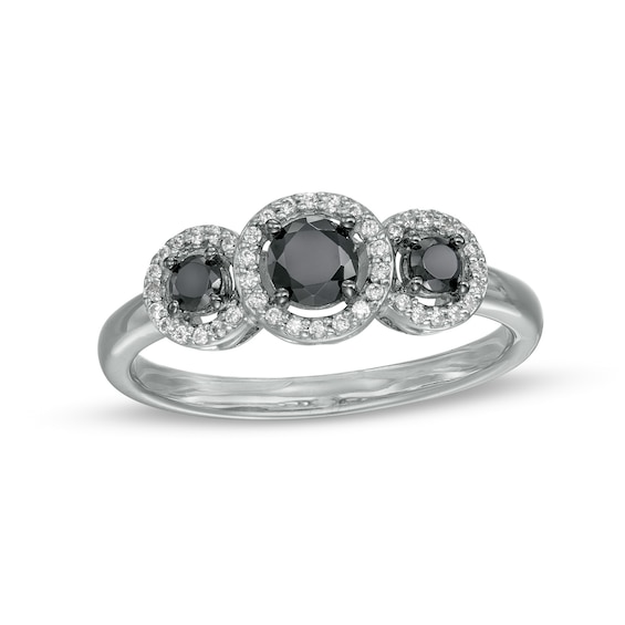 1/2 CT. T.w. Black Enhanced and White Diamond Frame Three Stone Ring in 10K White Gold