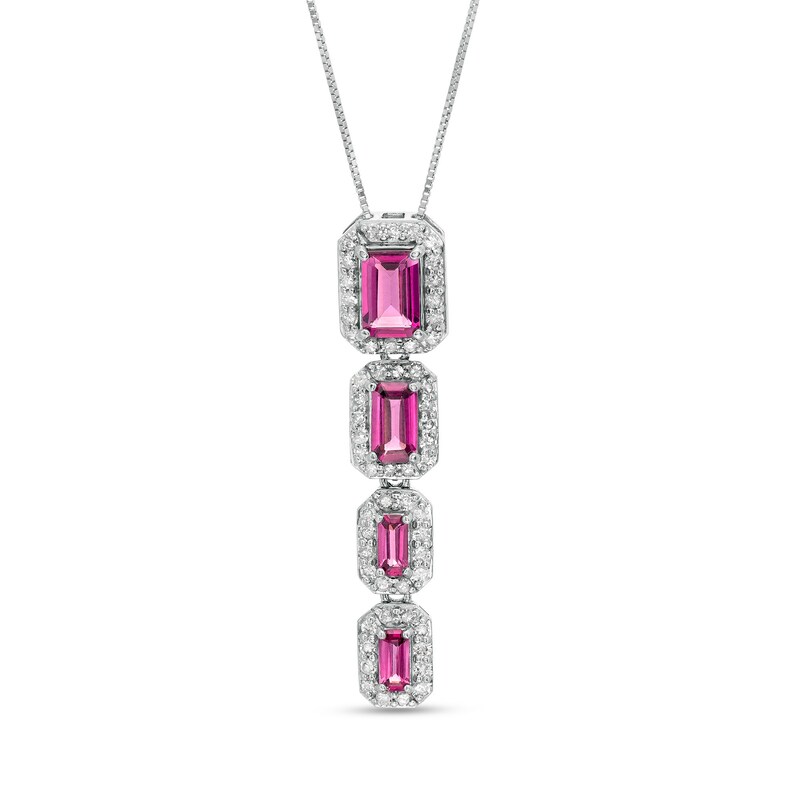 Main Image 1 of Marilyn Monroe™ Collection Emerald-Cut Rhodolite Garnet and 1/3 CT. T.W. Diamond Frame Drop Pendant in 10K White Gold