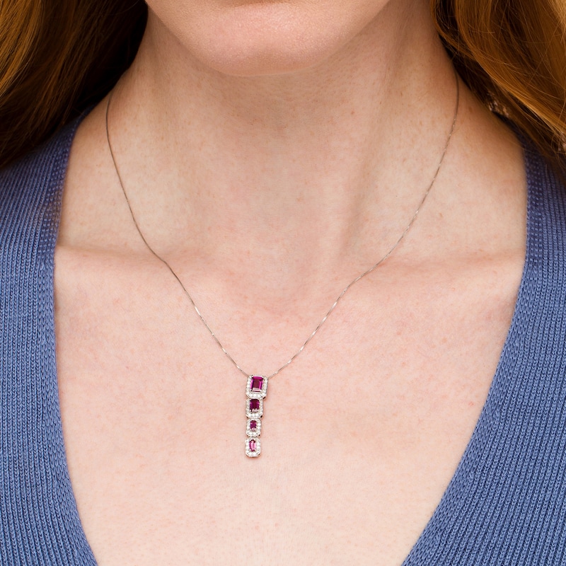 Main Image 3 of Marilyn Monroe™ Collection Emerald-Cut Rhodolite Garnet and 1/3 CT. T.W. Diamond Frame Drop Pendant in 10K White Gold