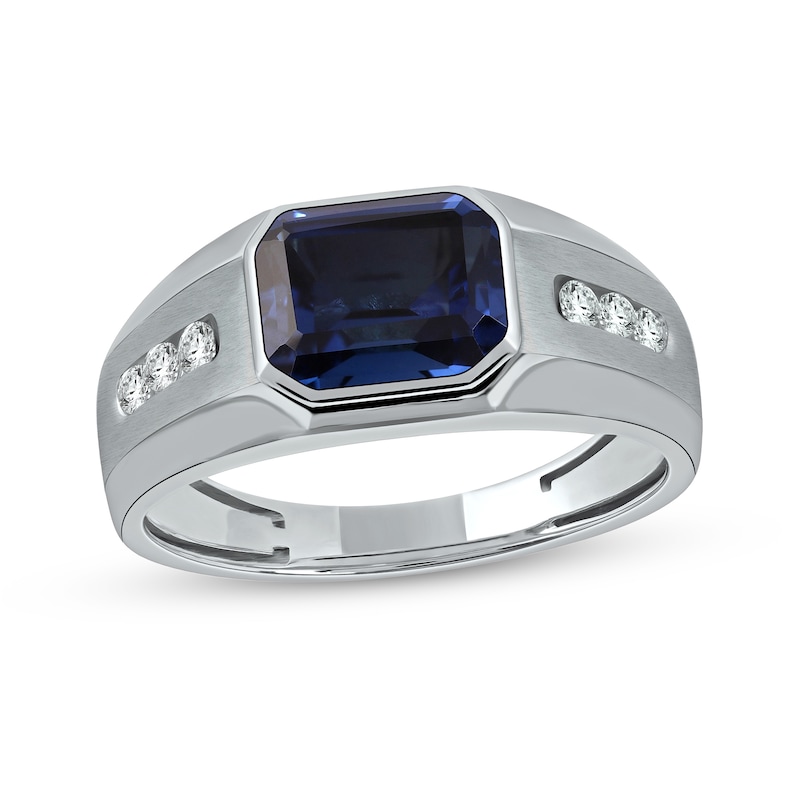 Main Image 1 of Sideways Octagonal Blue and White Lab-Created Sapphire Tri-Sides Channel Band in Sterling Silver
