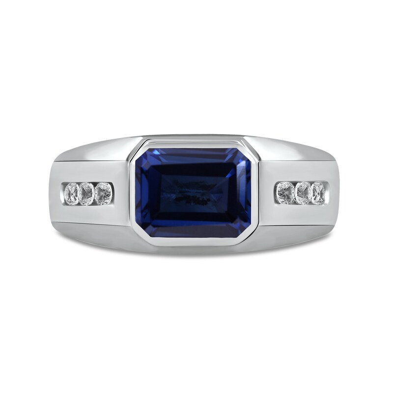 Main Image 3 of Sideways Octagonal Blue and White Lab-Created Sapphire Tri-Sides Channel Band in Sterling Silver