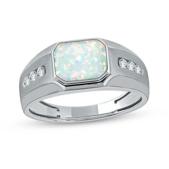 Sideways Octagonal Lab-Created Opal and White Lab-Created Sapphire Tri-Sides Channel Band in Sterling Silver