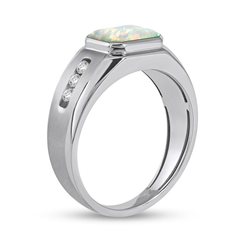 Men's Sideways Octagonal Lab-Created Opal and White Lab-Created Sapphire Tri-Sides Channel Band in Sterling Silver