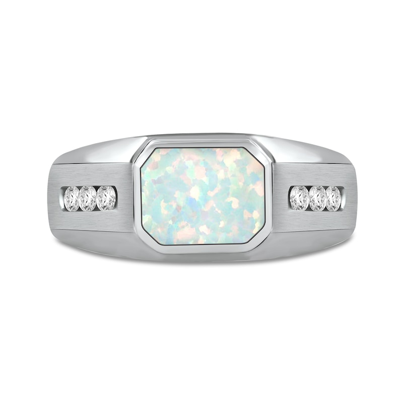 Men's Sideways Octagonal Lab-Created Opal and White Lab-Created Sapphire Tri-Sides Channel Band in Sterling Silver