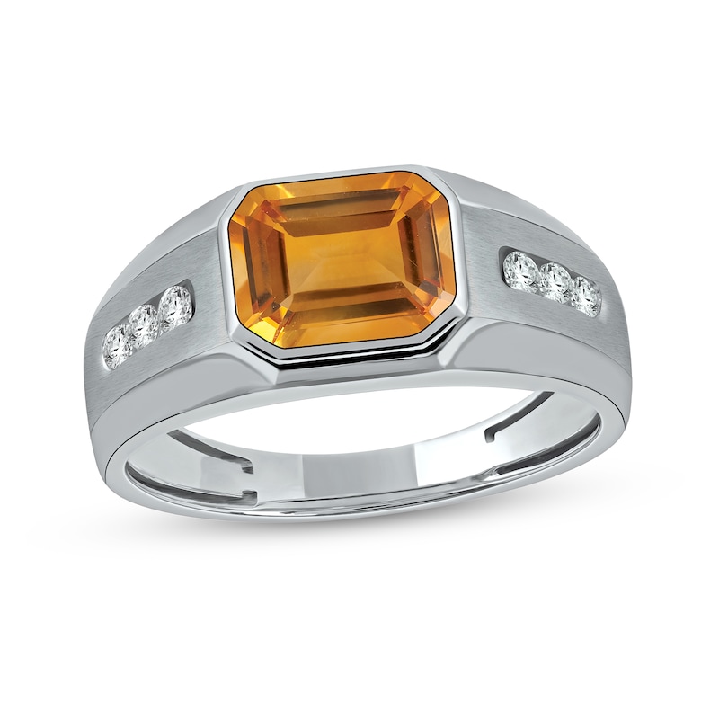 Men's Sideways Octagonal Citrine and White Lab-Created Sapphire Tri-Sides Channel Band in Sterling Silver