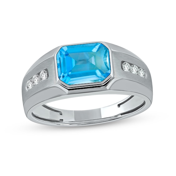 Sideways Octagonal Swiss Blue Topaz and White Lab-Created Sapphire Tri-Sides Channel Band in Sterling Silver