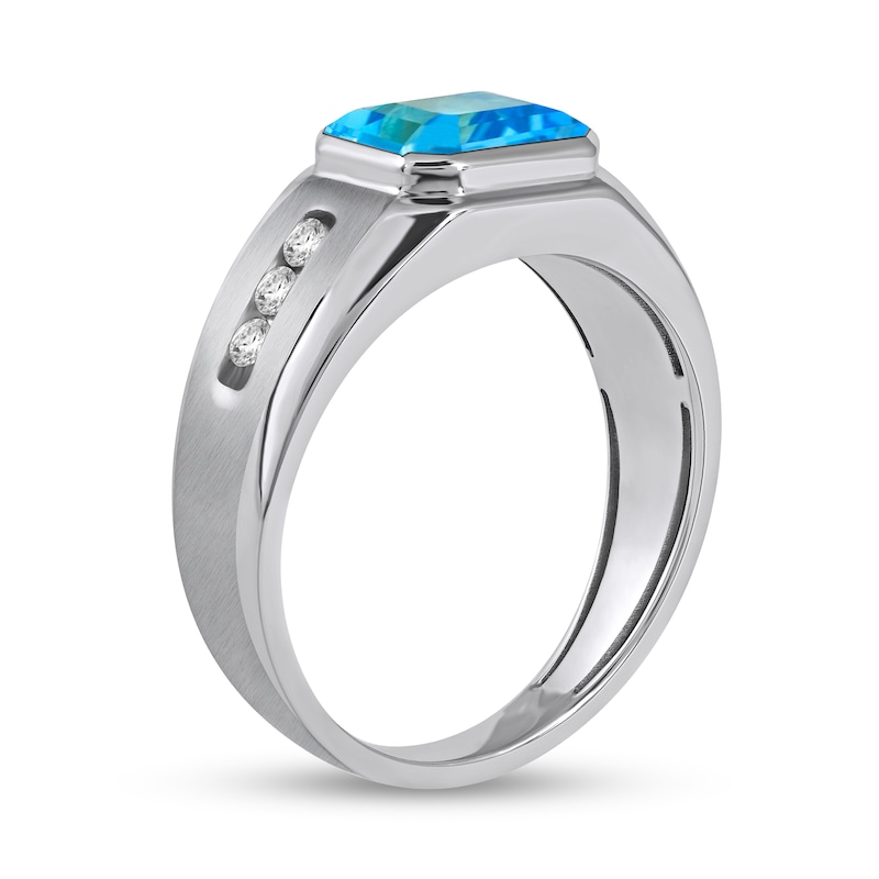 Main Image 2 of Sideways Octagonal Swiss Blue Topaz and White Lab-Created Sapphire Tri-Sides Channel Band in Sterling Silver