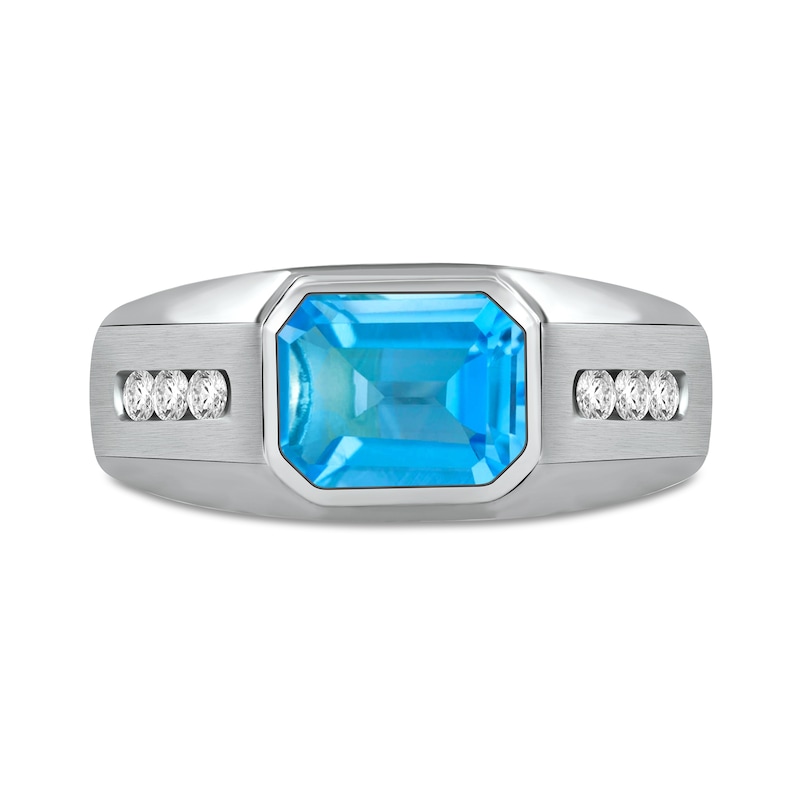Main Image 3 of Sideways Octagonal Swiss Blue Topaz and White Lab-Created Sapphire Tri-Sides Channel Band in Sterling Silver